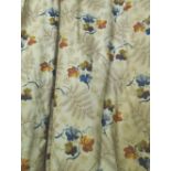 CURTAINS, three pairs, in a leaf design, lined and interlined and associated pelmets,