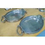 TRAYS, a pair, in metal with rope handles, 50cm W.