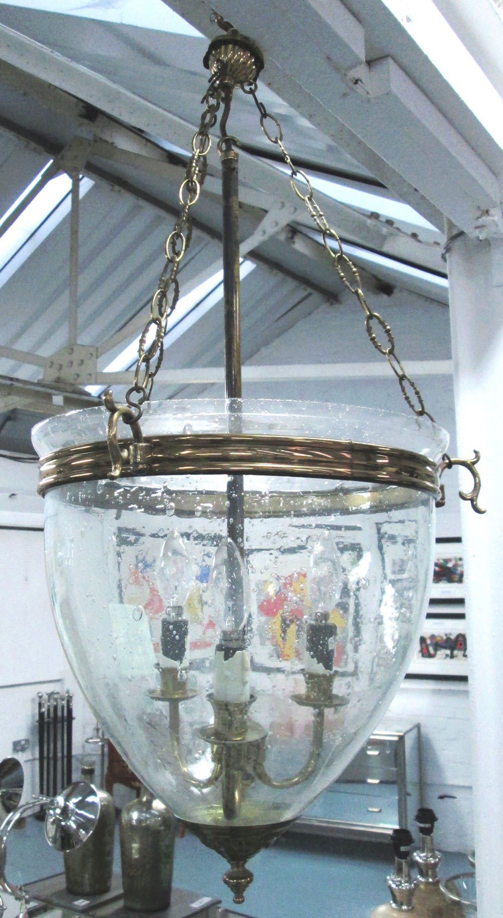 CEILING LAMP, glass bowl, 82cm H x 42cm.