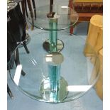 OCCASIONAL TABLES, two, with a circular bevelled glass top on a mirrored column base,