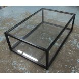LOW TABLE, the black wooden frame with glass top and undertier, 80cm D x 41cm H x 121cm W.