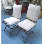 GARDEN CHAIRS, a set of four, in metal rustic finish with cushions, 42cm W.