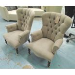 ARMCHAIRS, a pair, button back fabric on turned supports.