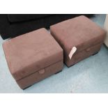 OTTOMANS, a pair, with lift up lid in brown alcantara, 57cm x 49cm x 41cm H.