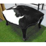 FOOTSTOOL, cabriole leg support, cowhide covered seat, 82cm x 78cm x 50cm H.