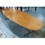 LOW TABLE, by Krueger International range 'Lyra' the oval wooden top on tubular metal base,