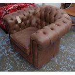 CHESTERFIELD ARMCHAIR, buttoned brown leather with cushion seat, 105cm x 98cm.