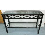 CONSOLE TABLES, a pair, lacquered with two inset glass tiers, 83cm H x 134cm x 41cm.