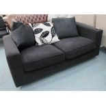 SOFA, two seater, black on chromed metal supports with three scatter cushions, 184cm L.