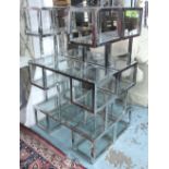 DISPLAY SHELVES, a pair, chrome with multiple inset glass tiers, each 150cm H x 100cm x 40cm.