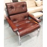 ARMCHAIRS, a pair, 1970's chestnut brown leather upholstered and chromed framed by 'Pieff', 84cm W.