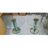 OCCASIONAL TABLES, two, with a circular bevelled glass top on a mirrored column base,