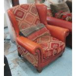 WINGBACK ARMCHAIR, in brown leather with kilim style fabric, 92cm W x 87cm D x 107cm H.