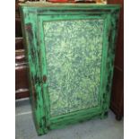 SIDE CABINET, distress green painted with glazed paper backed door enclosing shelves,