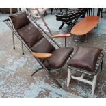 EASY LOUNGE CHAIR, with footstool, in leather on metal frame, 72cm W.