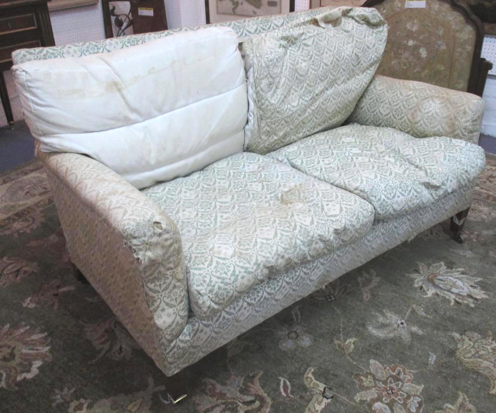 HOWARD & SONS SOFA, early 20th century birch in distressed original monogrammed fabric,