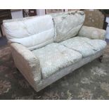 HOWARD & SONS SOFA, early 20th century birch in distressed original monogrammed fabric,