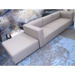 SOFA, square form in three pieces in close cotton stitched upholstery with matching footstool,