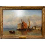 JOANNES SCHUTZ, 'Barges at a Harbour', oil on board, signed and framed, 19cm H x 28cm W.