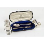 SILVER ITEMS, comprising a caster, 14.5cm H, napkin rings, christening fork and spoon, cased.