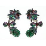 DROP FOLIATE CLIP EARRINGS encrusted with deep emerald, sapphire and ruby coloured rhinestones,