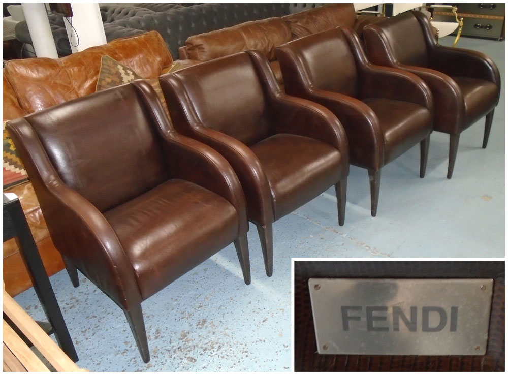 FENDI DINING CHAIRS, a set of four carvers, in brown leather on square supports, 62cm W.