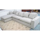 CORNER SOFA, in oatmeal fabric with removable arms three back cushions and five scatter cushions,