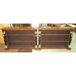 OPEN BOOKCASES, a pair, Regency style burr oak with black and gilt leopard pilasters,