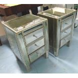 MIRRORED CHESTS, a pair, with three drawers below on square supports, 41cm x 36cm x 61cm H.