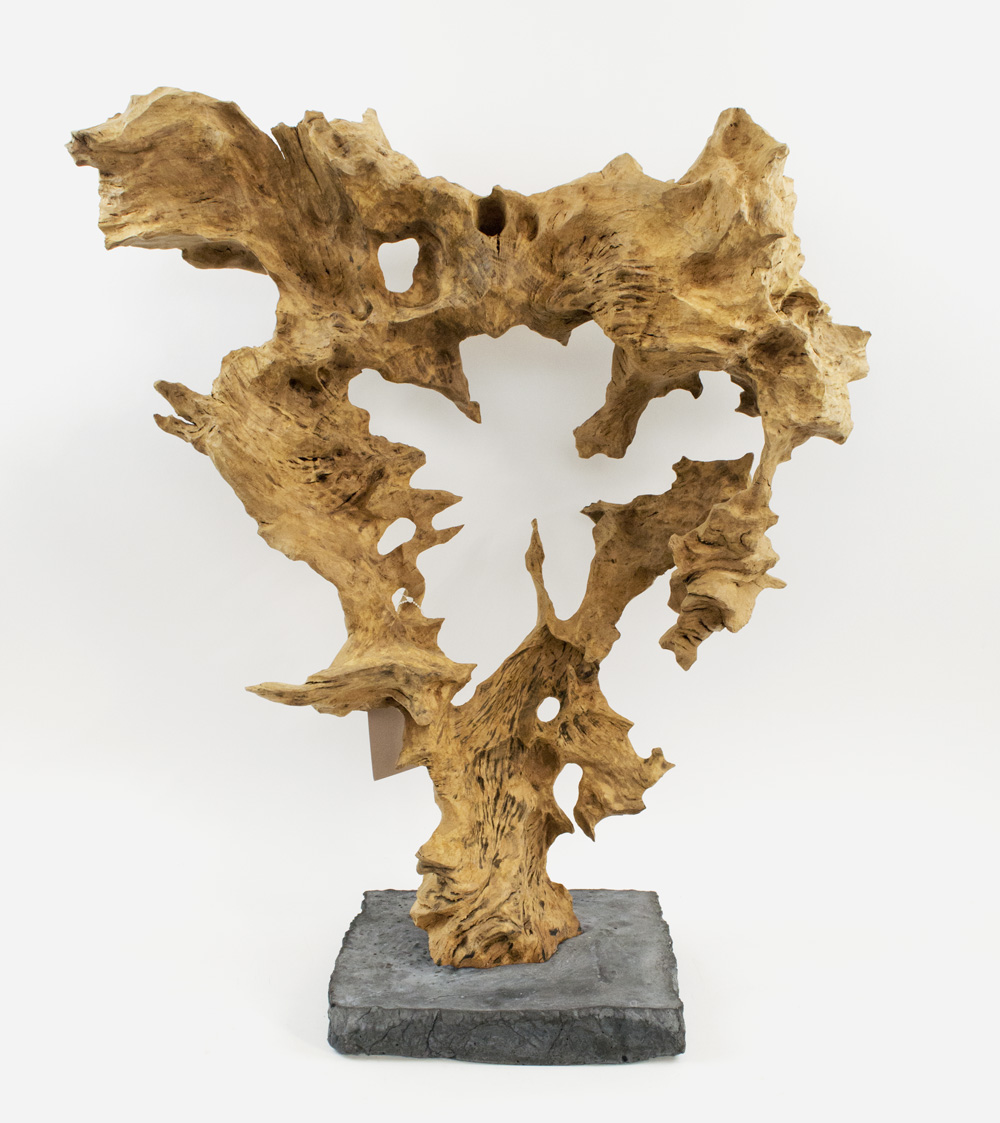 ALAN CRAWLEY, 'Amore', carved natural formed oak on concrete base, 70cm H x 60cm W approximately.