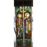 STAINED GLASS PANELS, a pair, medieval design depicting saints, adapted, each 195cm H x 33cm W.