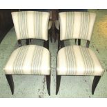 DINING CHAIRS, a set of six, Art Deco birch in cream striped and blue velvet upholstery.