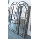 MIRRORS, a pair, Art Deco style, with bevelled plate and domed top in a metal frame, 171cm x 79cm.