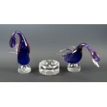 MURANO GLASS GEESE, two blue and rose coloured examples, 22cm H max.