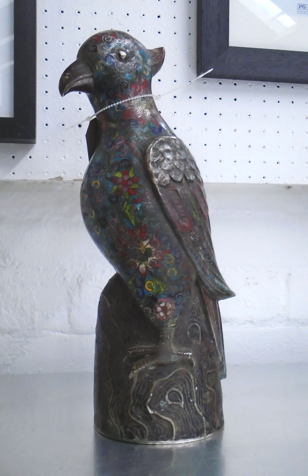 BRONZE CLOISONNE BIRD, 36cm H.