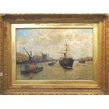 19TH CENTURY SCHOOL, 'Barges and Ships on the Thames', oil on canvas, 76cm x 52cm, framed.