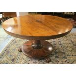 BREAKFAST TABLE, early Victorian rosewood with circular tilt top on tapering pedestal,