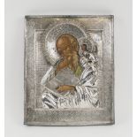 RUSSIAN ICON, depicting St Nicholas, the hallmarked silver oklad and halo, chased,