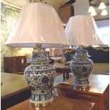 TABLE LAMPS, a pair, blue and white Chinese with shades, 47cm H.