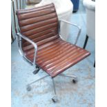 REVOLVING DESK CHAIR, Charles Eames design, tan brown leather upholstered,