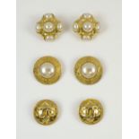 CHANEL VINTAGE CLIP EARRINGS, three pairs CC and faux mabe pearl, two signed Chanel, made in France,