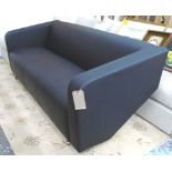 SOFA, three seater, in black leather on chromed metal supports, 193cm L.