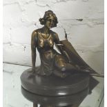 BRONZE FEMALE FIGURE, 'Art Deco' style, on round marble base, 18cm H x 17cm base.