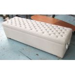 OTTOMAN, in neutral fabric, with lift-up lid, on block supports, 148cm x 47cm x 43cm H.