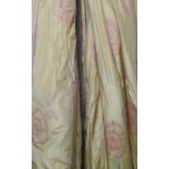 CURTAINS, two pairs, in light gold silk with pink detail lined, 112cm gathered by 315cm drop.