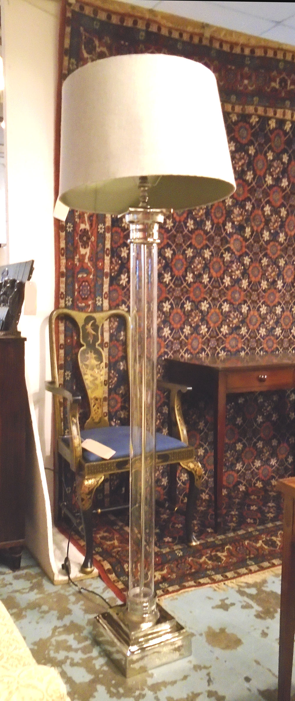 STANDARD LAMP, glass column with shade, overall 170cm H.