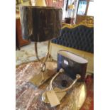 TABLE LAMP, polished metal of curved form with shade, 72cm H overall, with wall sconce to match,