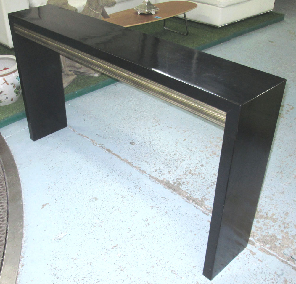 CONSOLE TABLE, rectangular shallow black lacquer with gilt rope twist inset frieze,