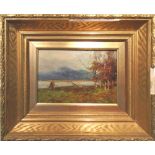 TOMSON LAING, 'Highland Landscape with Wood Gatherer', oil on boaard, 35cm x 45cm, framed.