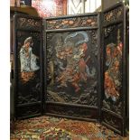 SCREEN, late 19th/early 20th century Chinese polychrome lacquer with three figure decorated panels,